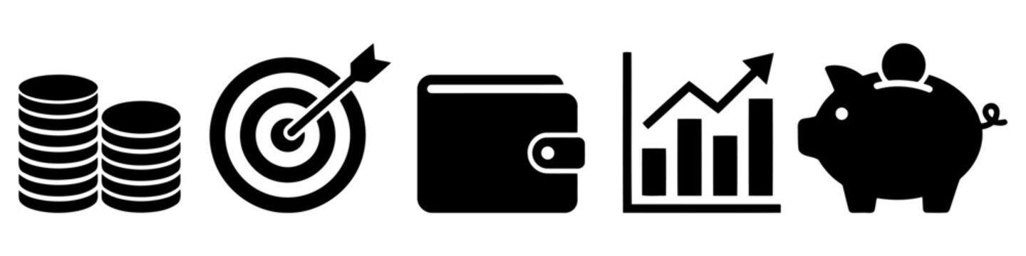 Black icons of coins, target, wallet, graph, and piggy bank