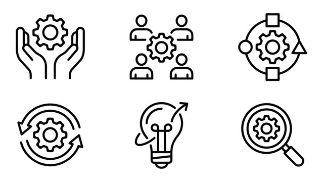 A set of six line style icons related to business and teamwork with gears and people