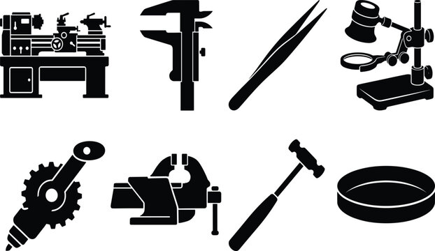 Vintage watchmaker workshop and precision engineering vector stencil set featuring lathe machines vernier calipers bench vises and magnification desk lamps