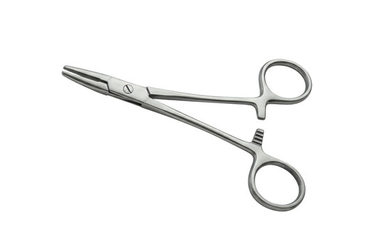 Surgical needle holder forceps, stainless steel medical clamp, professional surgical instrument for operating room procedures isolated on Transparent Background