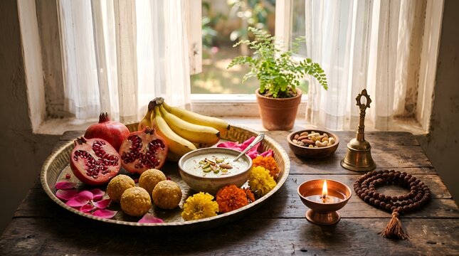 Traditional guru purnima festival offering thali with sweet ladoos flowers and diya near window view background photography