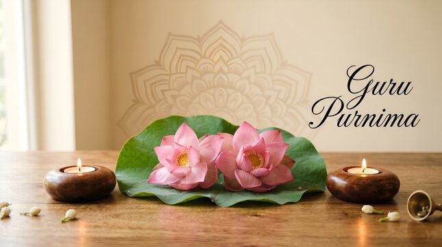 Elegant guru purnima celebration cream banner design featuring pink lotus flowers mandala geometry and traditional lit oil lamps