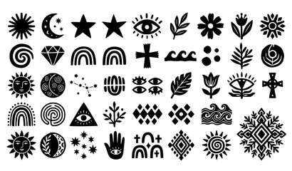Fototapeta premium Abstract Linocut Geometric Symbols Vector Set with Primitive Folk Cutout Icons