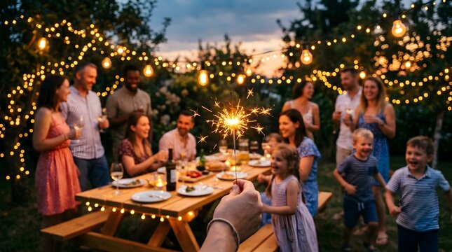 4th of july celebration with family and friends in a backyard with sparklers and string lights