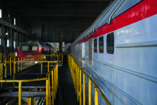Modern train in service depot for inspection.