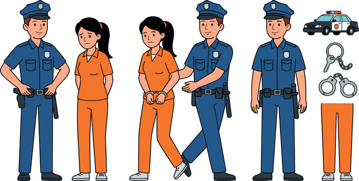Police Officers Arresting Female Prisoner Vector Set with Handcuffs Cop Car and Jail Jumpsuit Icons for Legal Concepts