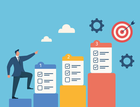 Businessman Climbing Bar Chart Steps with Checklists Towards a Target Goal: Concept for Business Growth, Project Milestones, and Strategic Planning