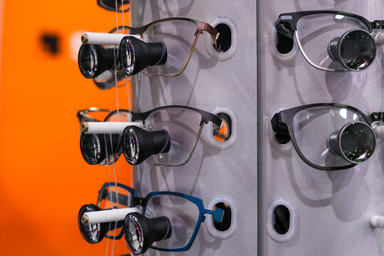 High-tech binocular glasses on display.