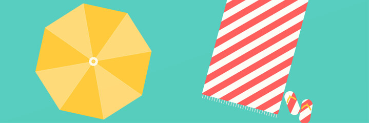 Obraz premium Top view of beach accessories including a yellow umbrella, a striped towel, and a pair of flip flops