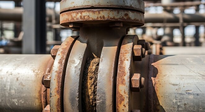 Close up of a rusty industrial pipe flange connection with corroded gasket and bolts.