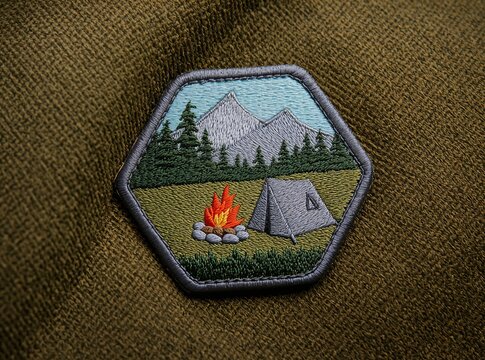 Hyperrealistic sharp focus macro photo of a hexagonal embroidered patch showing a campsite with a tent, campfire, mountains, and pine trees.