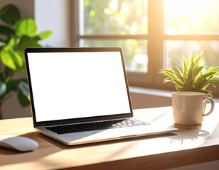 Fototapeta premium Laptop Mockup on Desk with Coffee and Plant in Sunlit Home Office