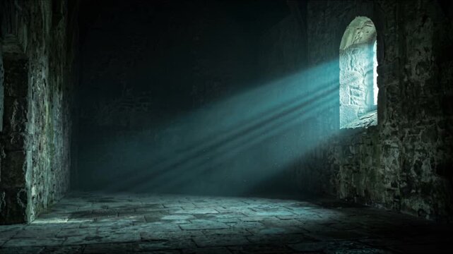 Sunlight streaming through ancient medieval stone chamber with atmospheric volumetric beams illuminating drifting mist and timeless architectural interior
