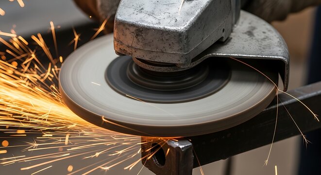 Close up of an angle grinder cutting metal with bright sparks flying in a workshop.