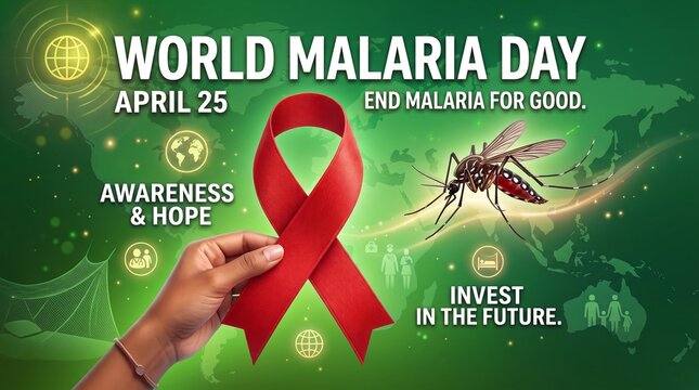 World malaria day awareness campaign with red ribbon and mosquito on gradient background