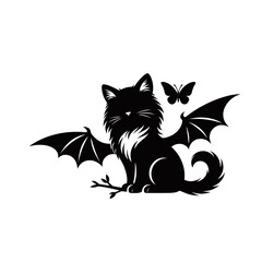 Obraz premium A cute black cat with bat wings and a small butterfly flying nearby.