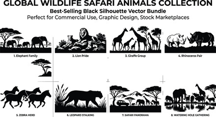 Black Silhouette African Wildlife Safari Icons Set Featuring Elephants, Lions, Giraffes, Zebras, Leopards, and Scenic Landscapes © Niheranjan