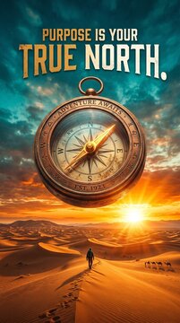 Inspirational desert landscape, compass, purpose driven life, motivational quote