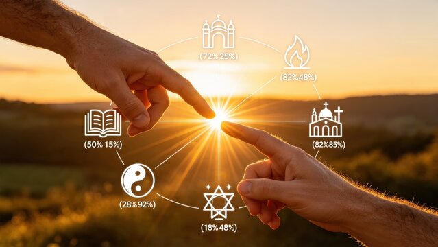 Hands touching sunlight with religious symbols and statistics, spiritual connection, faith diversity, interfaith dialogue, belief system comparison