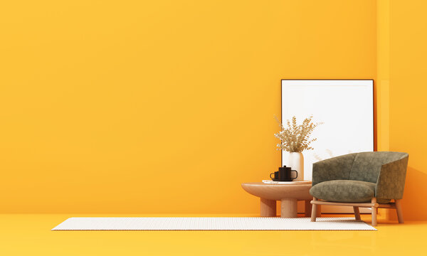Bright yellow minimalist living room with green armchair, wooden coffee table, blank poster frame and clean copy space. 3d rendering.