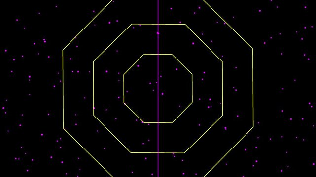 Abstract geometric octagon shape with purple particles on a black background, representing space or digital art.