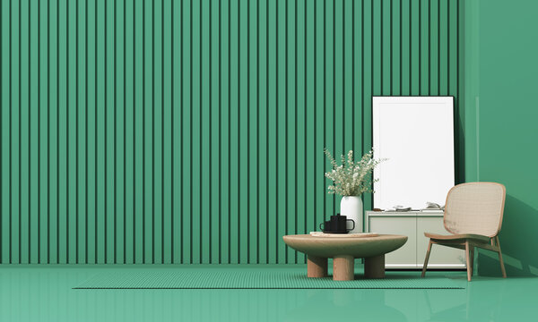 Stylish green modern living room with vertical wall panels, cane chair, coffee table, decorative vase and blank frame. 3d rendering.