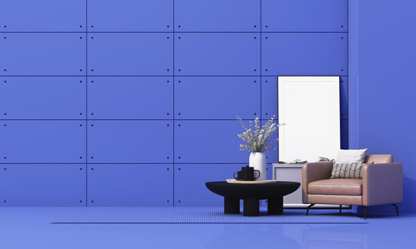 Modern blue living room interior with geometric wall panels, leather armchair, black coffee table and blank poster frame. 3d rendering.