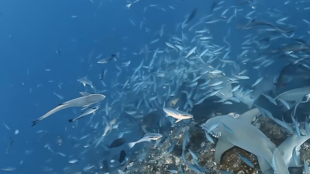 Majestic Nurse Sharks swim peacefully among a dense school of fish in the crystal-clear waters of Fiji. Remora fish cling to their graceful bodies, creating a serene underwater spectacle.