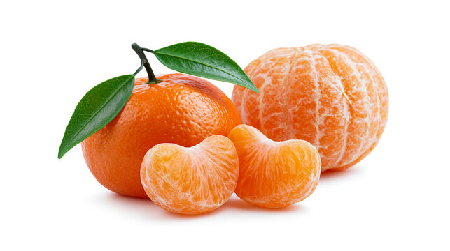 High-resolution studio shot of fresh mandarins featuring a whole fruit with leaves, a peeled piece, and juicy segments isolated on a clean white background