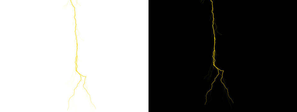 Bright Yellow Glowing Forked Lightning Bolt with Branches on White and Black Background