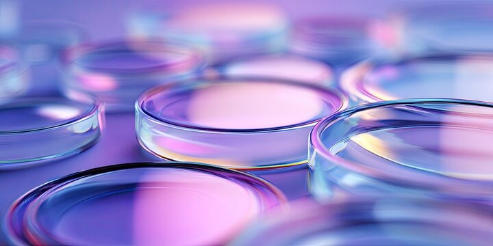 Close-up of petri dishes in a laboratory setting with purple and blue lighting.