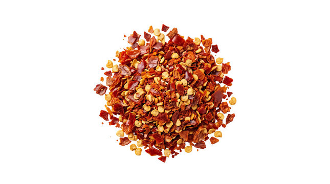 Pile of red chili flakes isolated on transparent background spice.