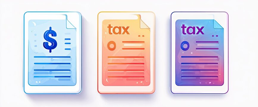 Three stylized documents representing financial and tax forms, with a dollar sign on the first and tax on the other two.
