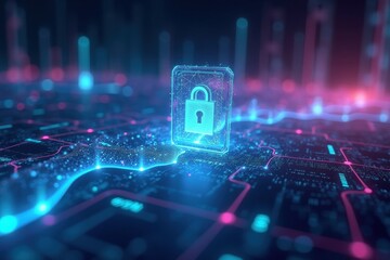 Fototapeta premium Futuristic glowing digital padlock on cyber security circuit board