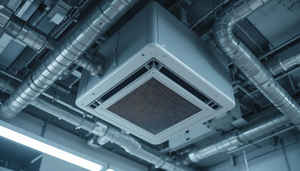 Fototapeta premium Air conditioning unit with metal ducts and pipes in industrial setting with ventilation system components