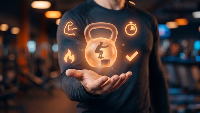 Athletic Man Holding Glowing Orange Kettlebell with Squat Silhouette Muscle Flame Timer Checkmark Icons in Dark Gym for Strength Training Concept