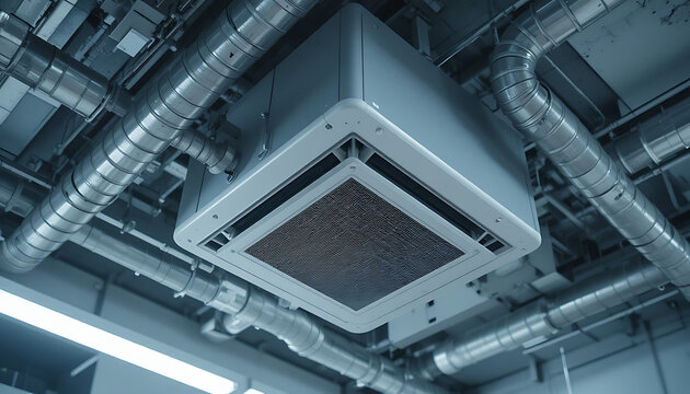 Air conditioning unit with metal ducts and pipes in industrial setting with ventilation system components