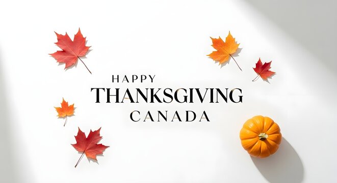 Happy thanksgiving canada greeting card with colorful autumn maple leaves and a pumpkin isolated on white background