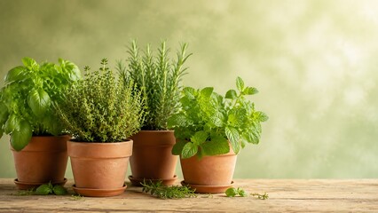 Fototapeta premium Fresh Organic Herb Garden in Clay Pots with Basil Rosemary Thyme and Mint for Healthy Cooking Culinary Ingredients and Sustainable Kitchen Lifestyle Branding Concept