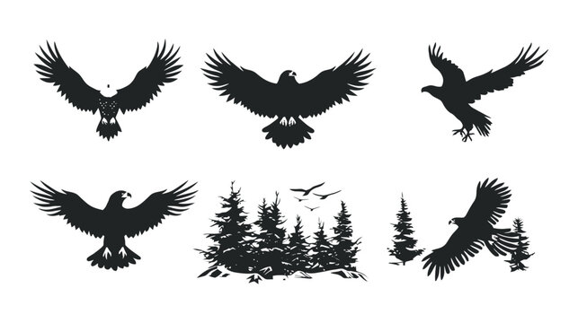 Eagle silhouette vector set, flying hawk and falcon bird icons, wild forest pine trees and soaring raptors, black nature graphics