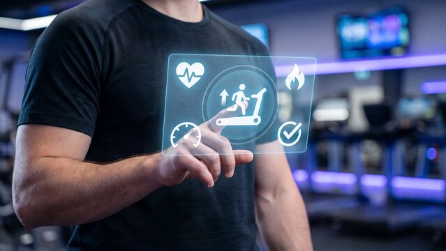 Athletic Man Touching Holographic Smart Treadmill Interface with Running Figure Heartbeat Flame Speed Checkmark Icons in Modern Blue Gym