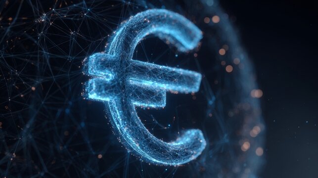 Digital representation of euro symbol with blue interconnected nodes and lines in a dark background