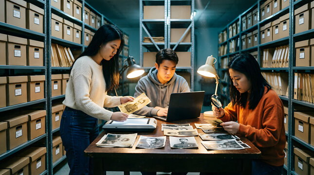 Digital Preservation of History: Young Archivists Digitizing Vintage Photographs and Studying Records in a Storage Facility