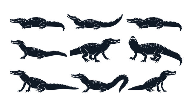 Vintage crocodile silhouettes set, 9 black alligator vector icons, retro reptile wildlife illustrations for outdoor branding and logo design