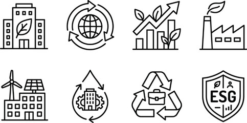 Fototapeta premium Green Corporate ESG Environment Icon Set with Sustainable Recycle Symbols for Eco Business Websites and Financial Apps