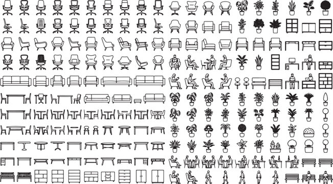 Furniture and interior design icons set featuring chairs tables sofas plants and office equipment in vector format
