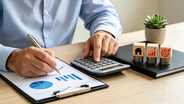Financial planning concept with calculator, charts, and wooden blocks representing house, growth, and target goals, budget analysis, investment strategy, mortgage calculation