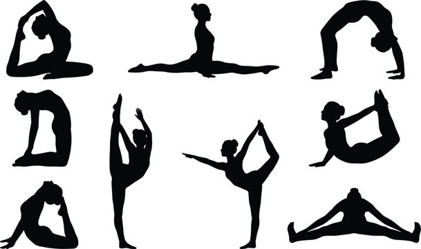 Yoga poses and gymnastics flexibility training woman black silhouette vector illustration icon set