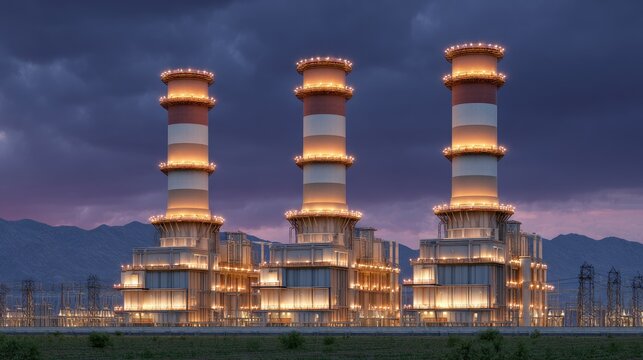 Modern Natural Gas Power Plant During Twilight with Dramatic Cloudy Sky and Illuminated Chimneys in Industrial Landscape