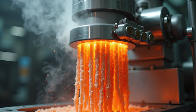 Industrial extrusion process of fibrous texturized vegetable protein with steam.